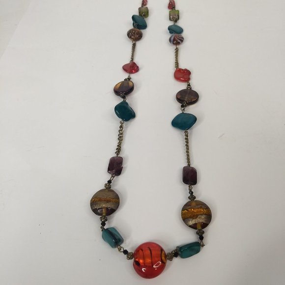 YOUSI You and I Art Glass Bead Necklace Colorful Multicolor Silver Tone Bold - Picture 1 of 9